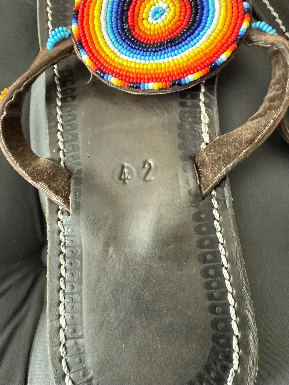 Beaded Rainbow Circle Brown Leather Thong Sandals
